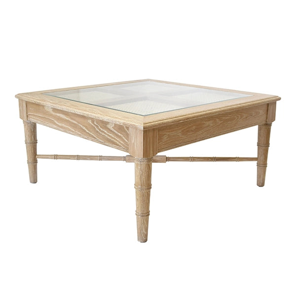 Worlds Away - Square Coffee Table With Inset Cane Top And Faux Bamboo Legs In Cerused Oak - NOREEN CO