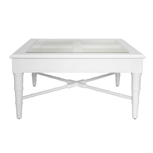 Worlds Away - Square Coffee Table With Inset Cane Top And Faux Bamboo Legs In Matte White Lacquer - NOREEN WH