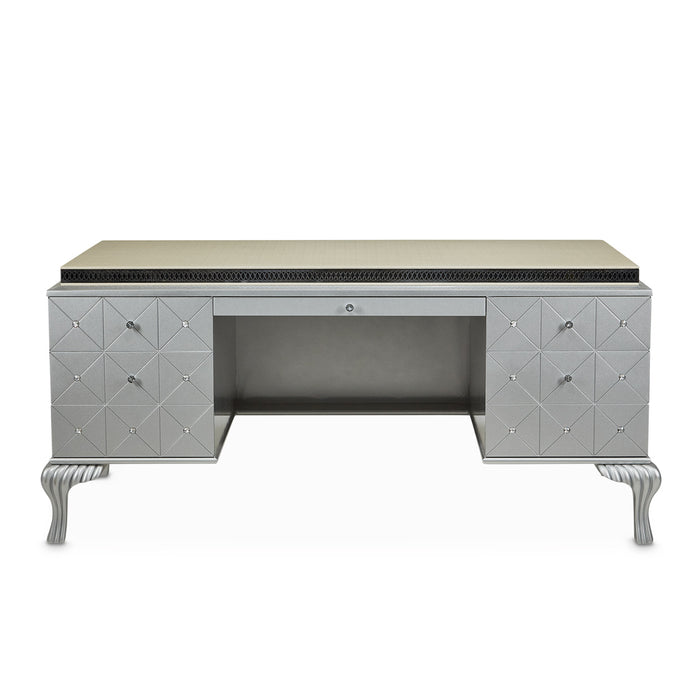 AICO Furniture - Hollywood Swank Modern 5-Drawer Executive Desk in Silver & Pearl Caviar - NT03207-11 - GreatFurnitureDeal