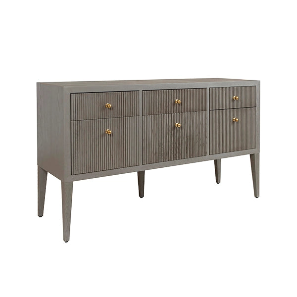 Worlds Away - Fluted Six Drawer Buffet With Brass Knobs in Smoke Grey Oak - PALMER SG