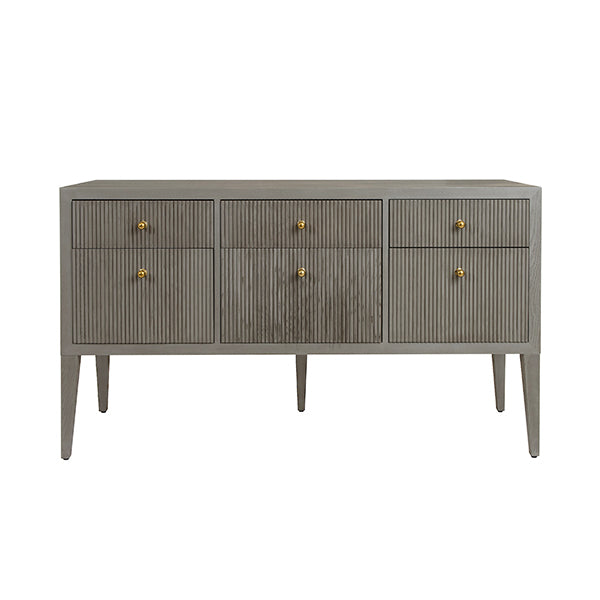Worlds Away - Fluted Six Drawer Buffet With Brass Knobs in Smoke Grey Oak - PALMER SG