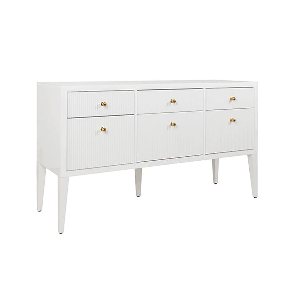 Worlds Away - Fluted Six Drawer Buffet With Brass Knobs in Glossy White Lacquer - PALMER WH