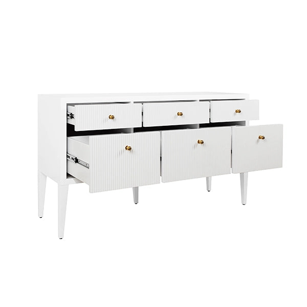 Worlds Away - Fluted Six Drawer Buffet With Brass Knobs in Glossy White Lacquer - PALMER WH