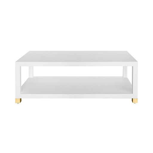 Worlds Away - Coffee Table With Antique Brass Foot Caps in Matte White Lacquer - PATRICIA WH - GreatFurnitureDeal