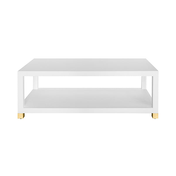 Worlds Away - Coffee Table With Antique Brass Foot Caps in Matte White Lacquer - PATRICIA WH