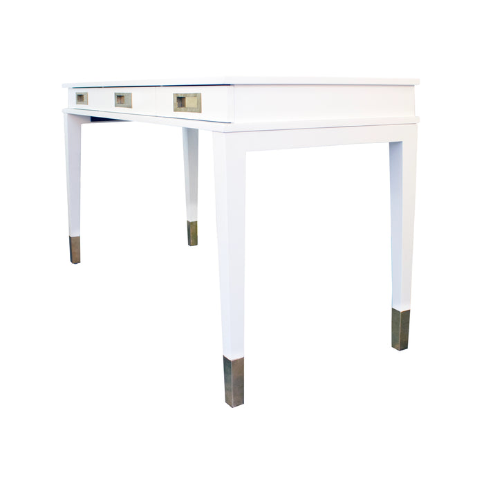 Worlds Away - Three Drawer Desk With Brass Details In Matte White Lacquer - PLATO WH - GreatFurnitureDeal