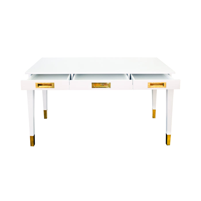 Worlds Away - Three Drawer Desk With Brass Details In Matte White Lacquer - PLATO WH