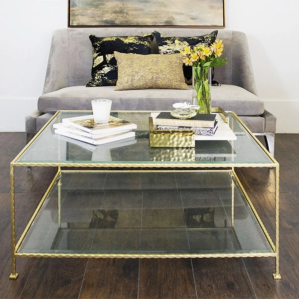 Worlds Away - Quadro Hammered Gold Lf Square Coffee Table W Bvld Glass - QUADRO G - GreatFurnitureDeal