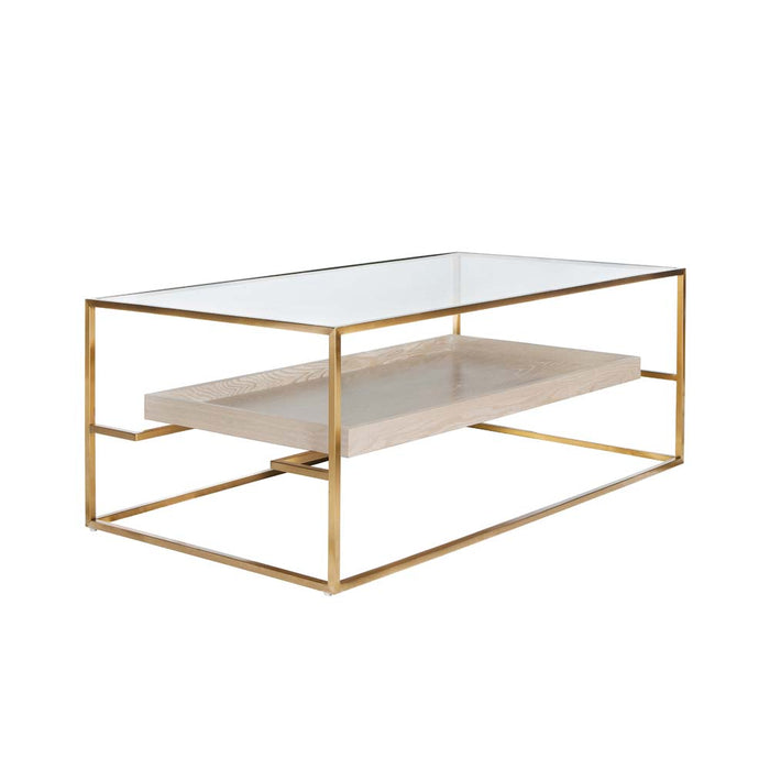 Worlds Away - Reagan Glass Top Antique Brass Coffee Table with Floating Shelf in Cerused Oak - REAGAN CO