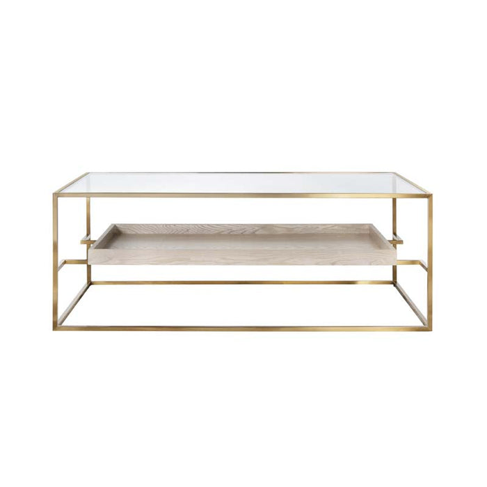 Worlds Away - Reagan Glass Top Antique Brass Coffee Table with Floating Shelf in Cerused Oak - REAGAN CO - GreatFurnitureDeal