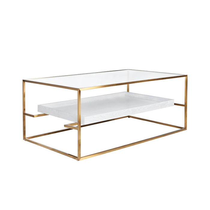 Worlds Away - Reagan Glass Top Antique Brass Coffee Table with Floating Shelf in White Washed Oak - REAGAN WWO