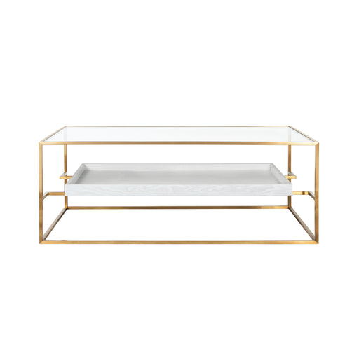Worlds Away - Reagan Glass Top Antique Brass Coffee Table with Floating Shelf in White Washed Oak - REAGAN WWO - GreatFurnitureDeal