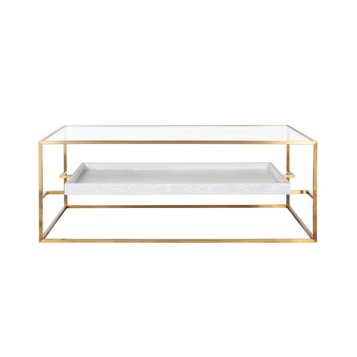 Worlds Away - Reagan Glass Top Antique Brass Coffee Table with Floating Shelf in White Washed Oak - REAGAN WWO