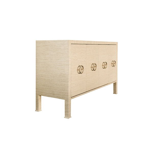 Worlds Away - Four Door Buffet With Antique Brass Circle Hardware in Natural Grasscloth - RUE NAT