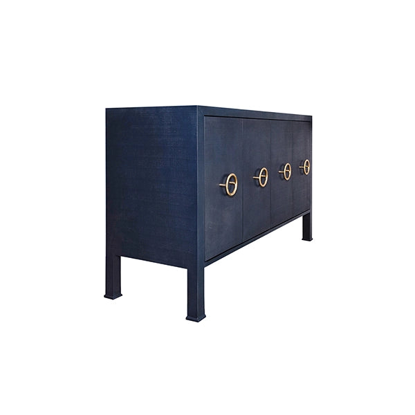 Worlds Away - Four Door Buffet With Antique Brass Circle Hardware in Textured Navy Linen - RUE NVY