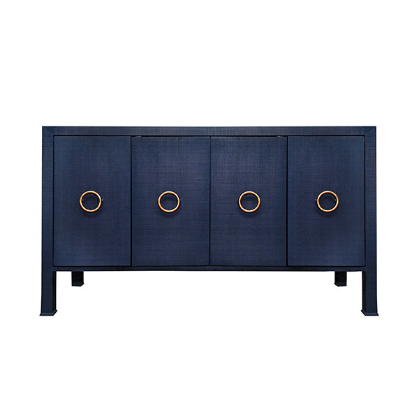 Worlds Away - Four Door Buffet With Antique Brass Circle Hardware in Textured Navy Linen - RUE NVY
