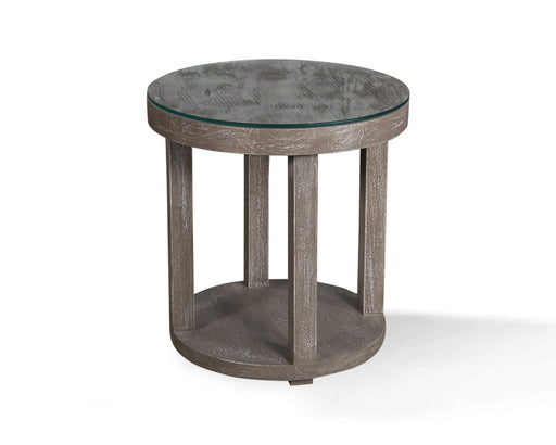 Parker House - Crossings Round End Table with Glass Top in Sandblasted Fossil Grey - SER#12 - GreatFurnitureDeal