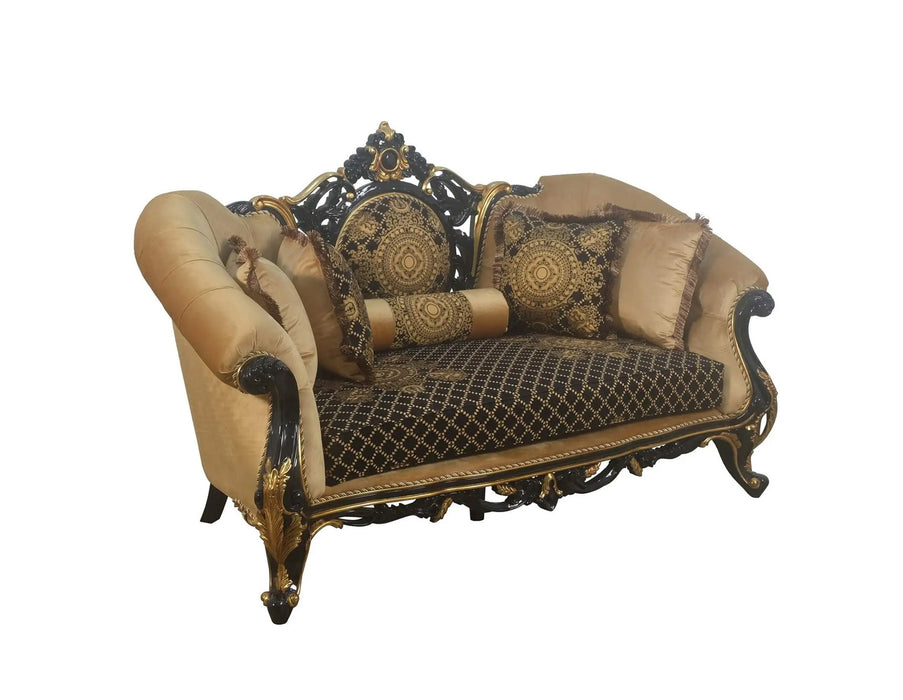 European Furniture - Rosella Loveseat Black Gold Damask - 44696-L - GreatFurnitureDeal