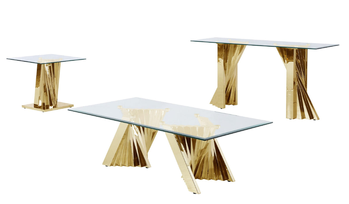 Mariano Furniture - Glass Coffee Table Sets: Coffee Table, End Table, Console Table with Stainless Steel Gold Base - BQ-CT04-05-06 - GreatFurnitureDeal