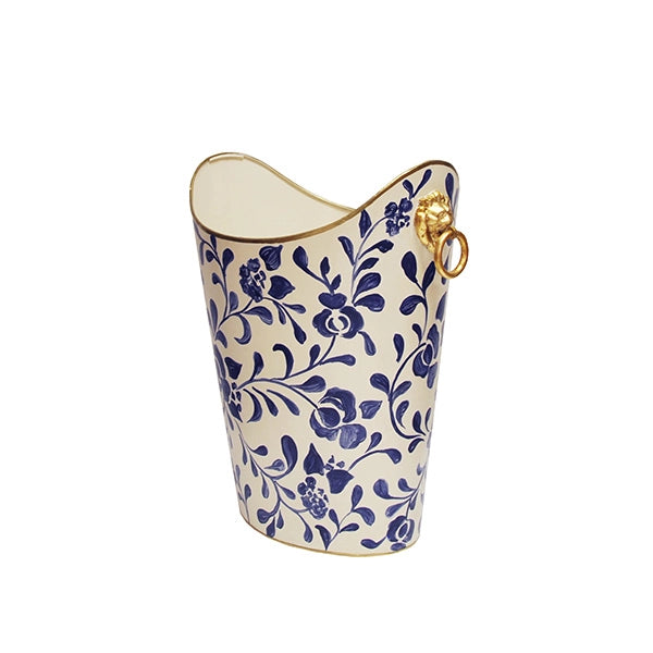 Worlds Away - Oval Wastebasket With Raised Ends And Lion Handles In Navy Vine - WBLIONOV VINE