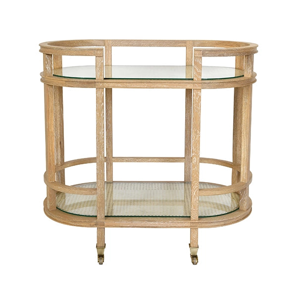 Worlds Away - Oval Bar Cart With Two  Natural Cane Shelves And Cerused Oak Frame - ZAINA CO