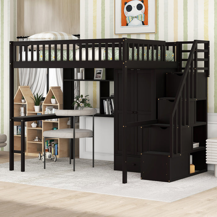 GFD Home - Full size Loft Bed with Bookshelf,Drawers,Desk,and Wardrobe-Espresso - GreatFurnitureDeal