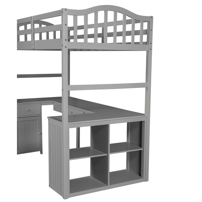 GFD Home - Twin size Loft Bed with Drawers, Cabinet, Shelves and Desk, Wooden Loft Bed with Desk - Gray (OLD SKU :LP000505AAE) - GreatFurnitureDeal