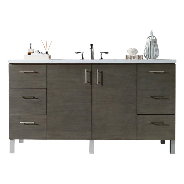 James Martin Furniture - Metropolitan 60" Silver Oak Single Vanity w- 3 CM Arctic Fall Solid Surface Top - 850-V60S-SOK-3AF - GreatFurnitureDeal