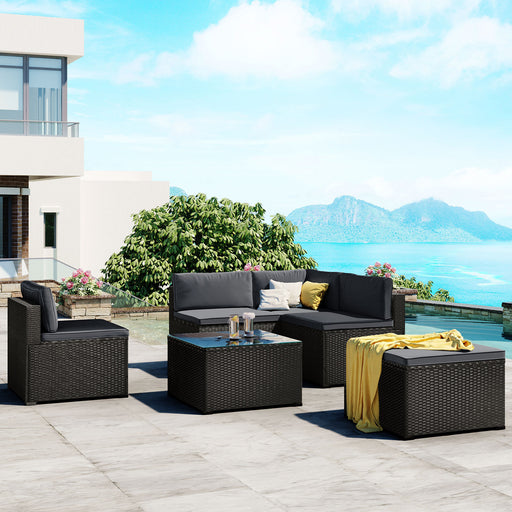 GFD Home - GO 6-Piece Outdoor Furniture Set with PE Rattan Wicker, Patio Garden Sectional Sofa Chair, removable cushions (Black wicker, Grey cushion) - GreatFurnitureDeal