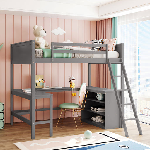 GFD Home - Full size Loft Bed with Shelves and Desk, Wooden Loft Bed with Desk - Gray - GreatFurnitureDeal