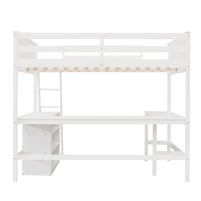 GFD Home - Full size Loft Bed with Shelves and Desk, Wooden Loft Bed with Desk - White - GreatFurnitureDeal