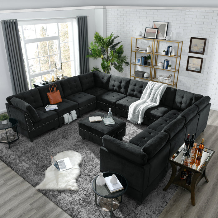 GFD Home - U shape Modular Sectional Sofa，DIY Combination，includes Seven Single Chair， Four Corner and One Ottoman，Black Velvet. - GreatFurnitureDeal