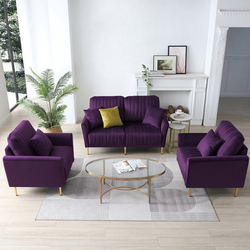 GFD Home - Mid Century Purple Velvet Modern Sectional Sofa Couch Set for Living Room, 2 Pieces Fabric Arm Chair and 1 Piece 2 - Seater  Loveseat For Living Room - GreatFurnitureDeal