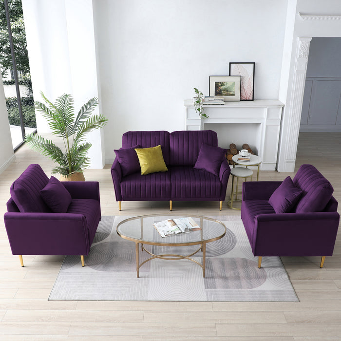 GFD Home - Mid Century Purple Velvet Modern Sectional Sofa Couch Set for Living Room, 2 Pieces Fabric Arm Chair and 1 Piece 2 - Seater  Loveseat For Living Room - GreatFurnitureDeal