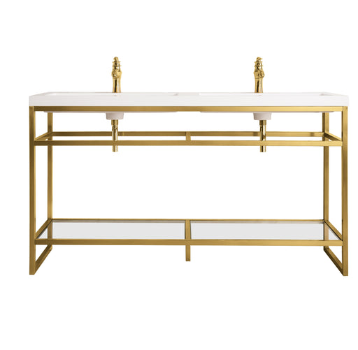 James Martin Furniture - Boston 63" Stainless Steel Sink Console (Double Basins), Radiant Gold w/ White Glossy Composite Countertop - C105V63RGDWG - GreatFurnitureDeal