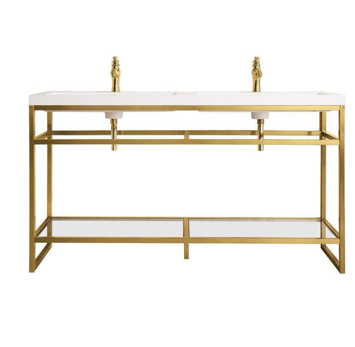 James Martin Furniture - Boston 63" Stainless Steel Sink Console (Double Basins), Radiant Gold w/ White Glossy Composite Countertop - C105V63RGDWG