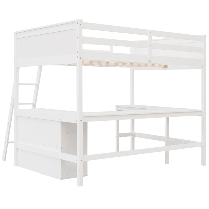 GFD Home - Full size Loft Bed with Shelves and Desk, Wooden Loft Bed with Desk - White - GreatFurnitureDeal