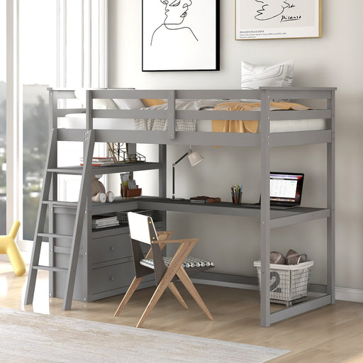 GFD Home - Twin Size Loft Bed with Desk and Shelves, Two Built-in Drawers, Gray(old SKU: GX000803AAE-1） - GreatFurnitureDeal