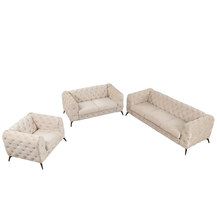 GFD Home - Modern 3-Piece Sofa Sets with Sturdy Metal Legs,Velvet Upholstered Couches Sets Including Three Seat Sofa, Loveseat and Single Chair for Living Room Furniture Set,Beige - GreatFurnitureDeal