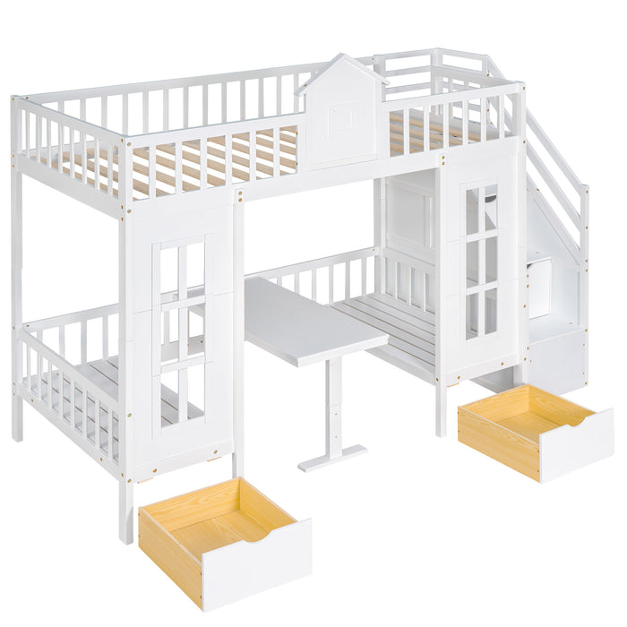 GFD Home - Twin-Over-Twin Bunk Bed with Changeable Table , Bunk Bed  Turn into Upper Bed and Down Desk with 2 Drawers - White - GreatFurnitureDeal