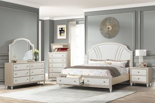 GFD Home - Tiffany Queen Size Storage Bed made with Wood in Ivory & Champagne Gold - GreatFurnitureDeal