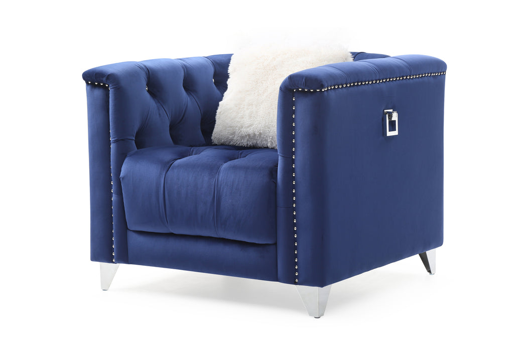 GFD Home - Russell Tufted Upholstery 3 Pc Living Room Set Finished in Velvet Fabric in Blue - GreatFurnitureDeal