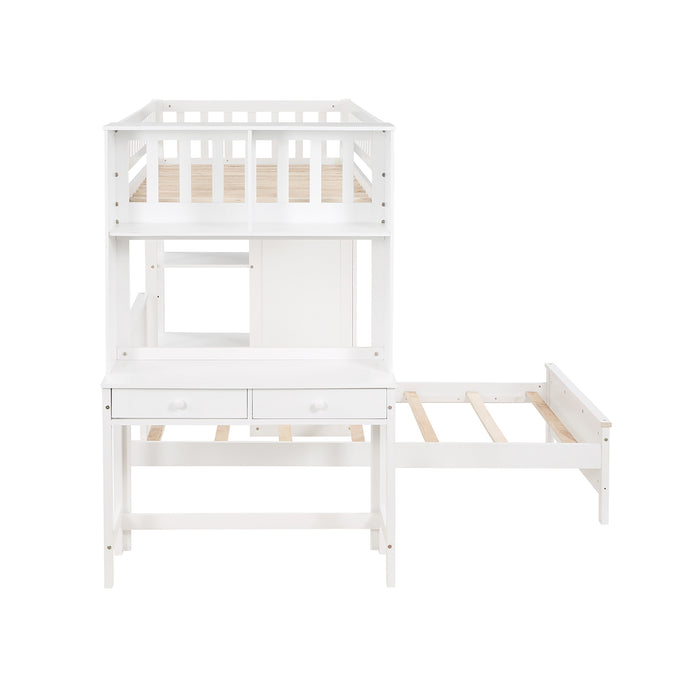 GFD Home - Twin Size Loft Bed with Closet and Desk, Extra Bottom Twin Bed, White - GreatFurnitureDeal