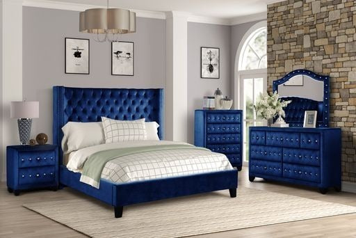 GFD Home - Galaxy Home Allen Tufted Velvet King Upholstered Bed in Navy Blue - GreatFurnitureDeal