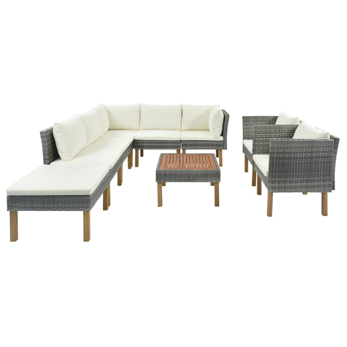 GFD Home - GO 9-Piece Outdoor Patio Garden Wicker Sofa Set, Gray PE Rattan Sofa Set, with Wood Legs, Acacia Wood Tabletop, Armrest Chairs with Beige Cushions - GreatFurnitureDeal