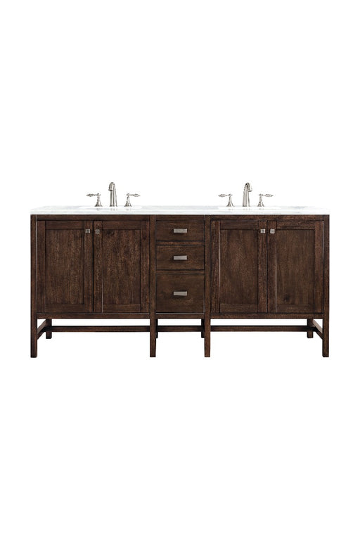 James Martin Furniture - Addison 72" Double Vanity Cabinet, Mid Century Acacia, w- 3 CM Arctic Fall Solid Surface Countertop - E444-V72-MCA-3AF - GreatFurnitureDeal