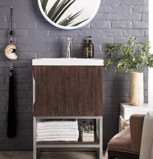 James Martin Furniture - Columbia 24" Single Vanity Cabinet, Coffee Oak, Brushed Nickel w/ White Glossy Composite Countertop - 388V24CFOBNKWG - GreatFurnitureDeal