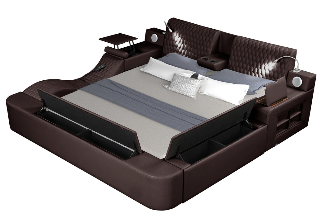 GFD Home - Zoya Smart Multifunctional King Size Bed Made with Wood in Brown - GreatFurnitureDeal