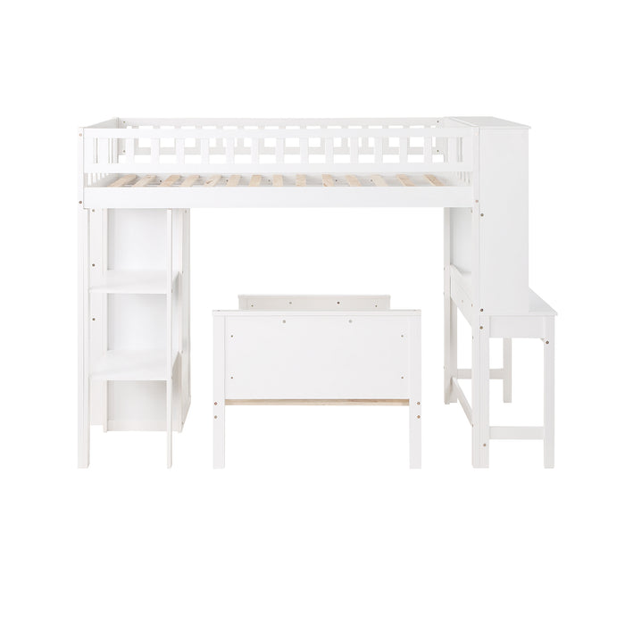 GFD Home - Twin Size Loft Bed with Closet and Desk, Extra Bottom Twin Bed, White - GreatFurnitureDeal