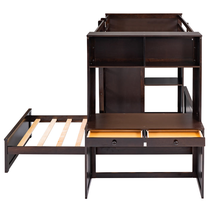 GFD Home - Twin size Loft Bed with a Stand-alone bed, Shelves,Desk,and Wardrobe-Espresso - GreatFurnitureDeal